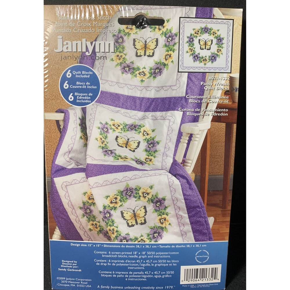 Janlynn Stamped Cross Stitch Quilt Blocks 15”x15” Pansy Wreath #021-1332